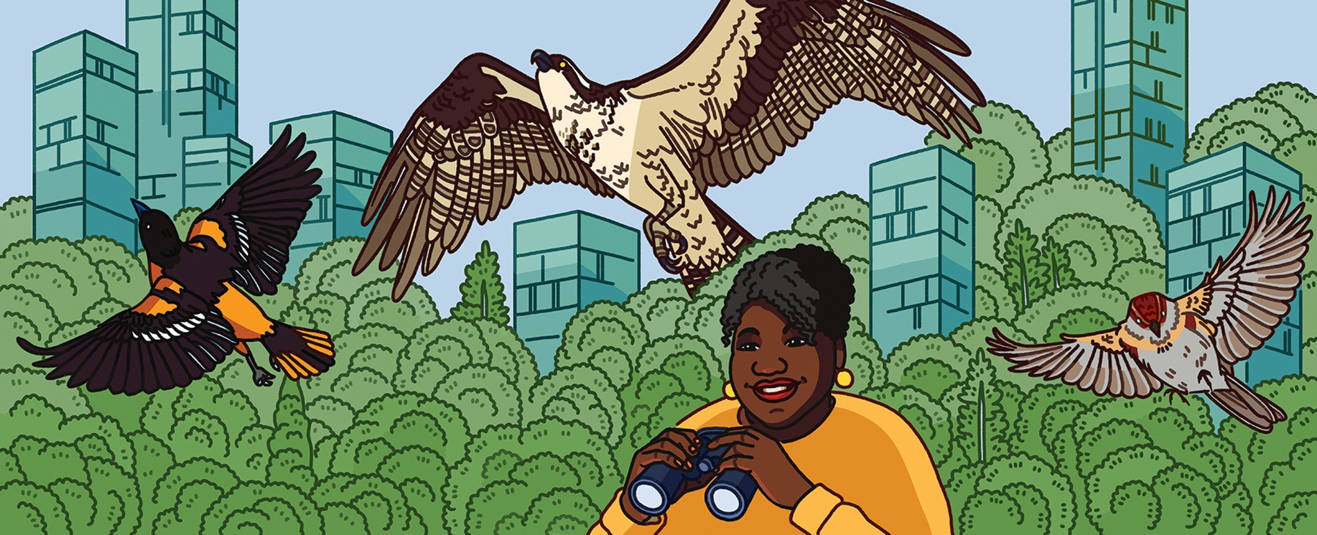 Illustration by Hayden Maynard of a woman holding binoculars in a city with a big hawk overhead.