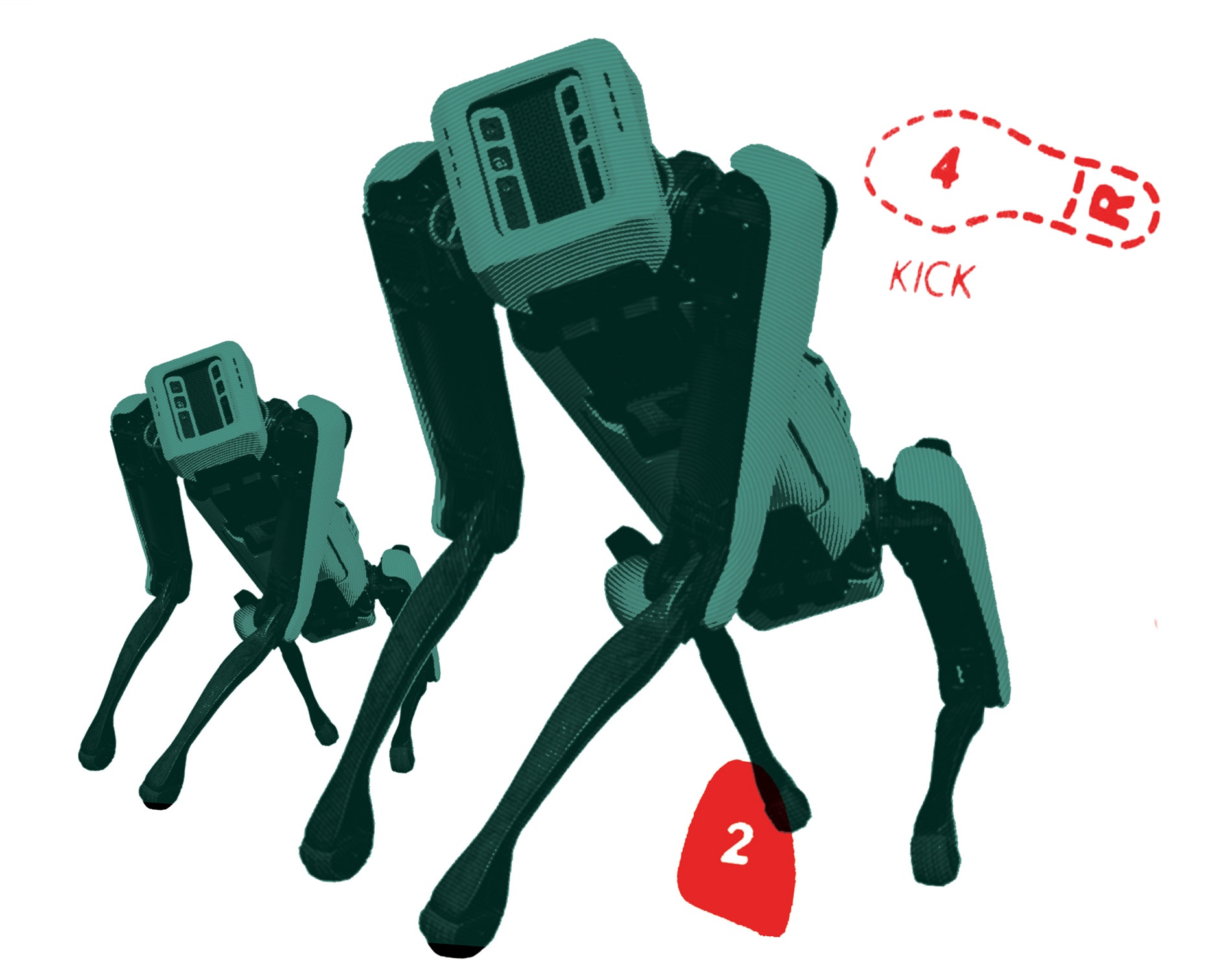 Illustration by Andy Martin of a green robot on a white background with red dance steps highlighted.