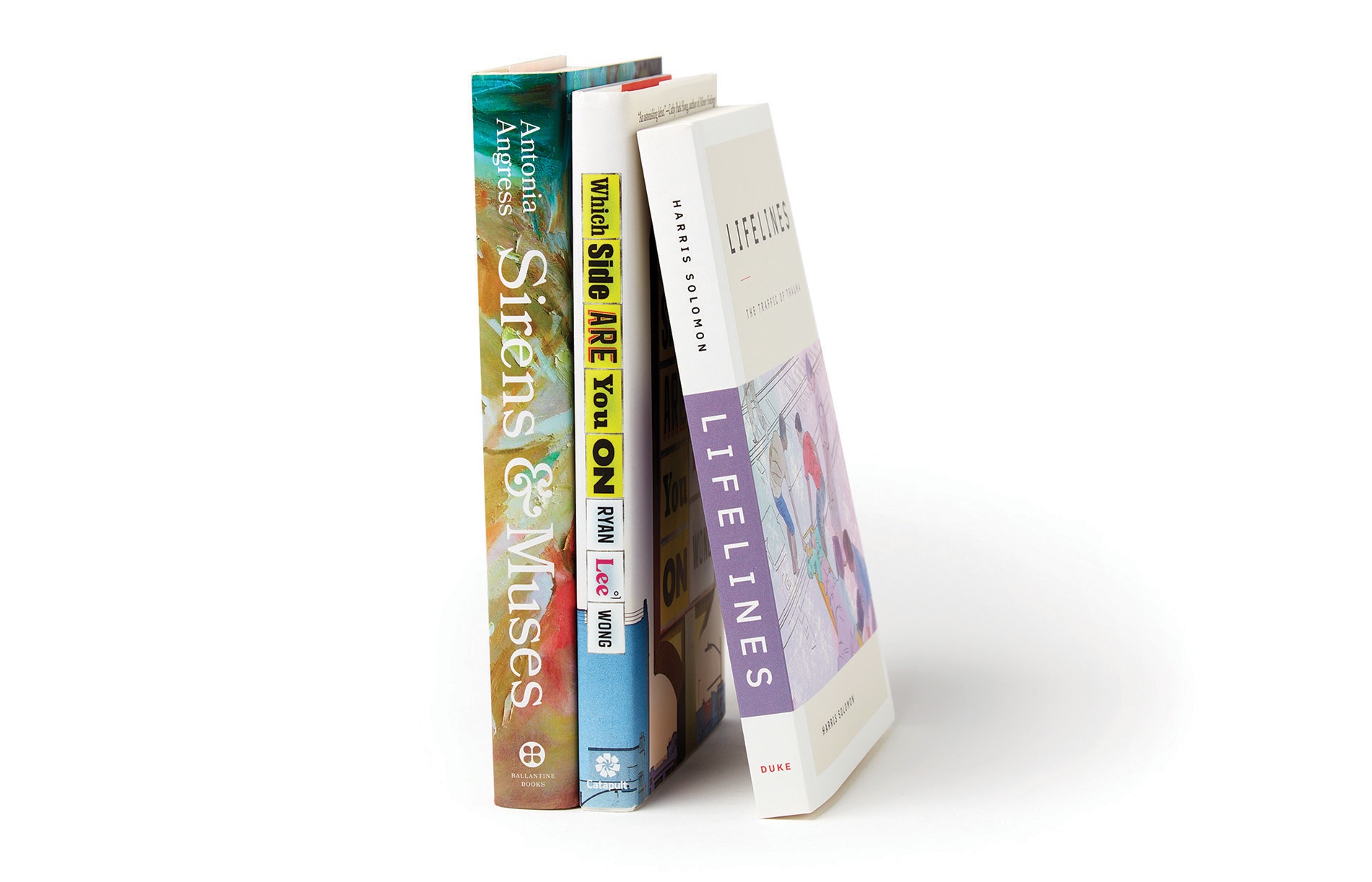 An image of book spines by Antonia Angress ’13, Ryan Lee Wong ’10, and Harris Solomon ’07 AM, ’11 PhD