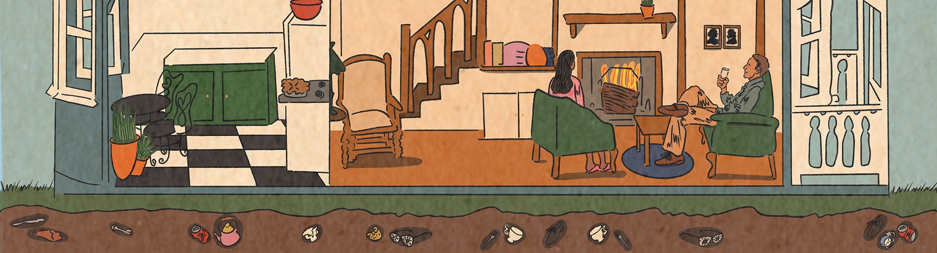 Illustration by Tatyana Alanis of a home from the early 1900s and artifacts buried under the house.