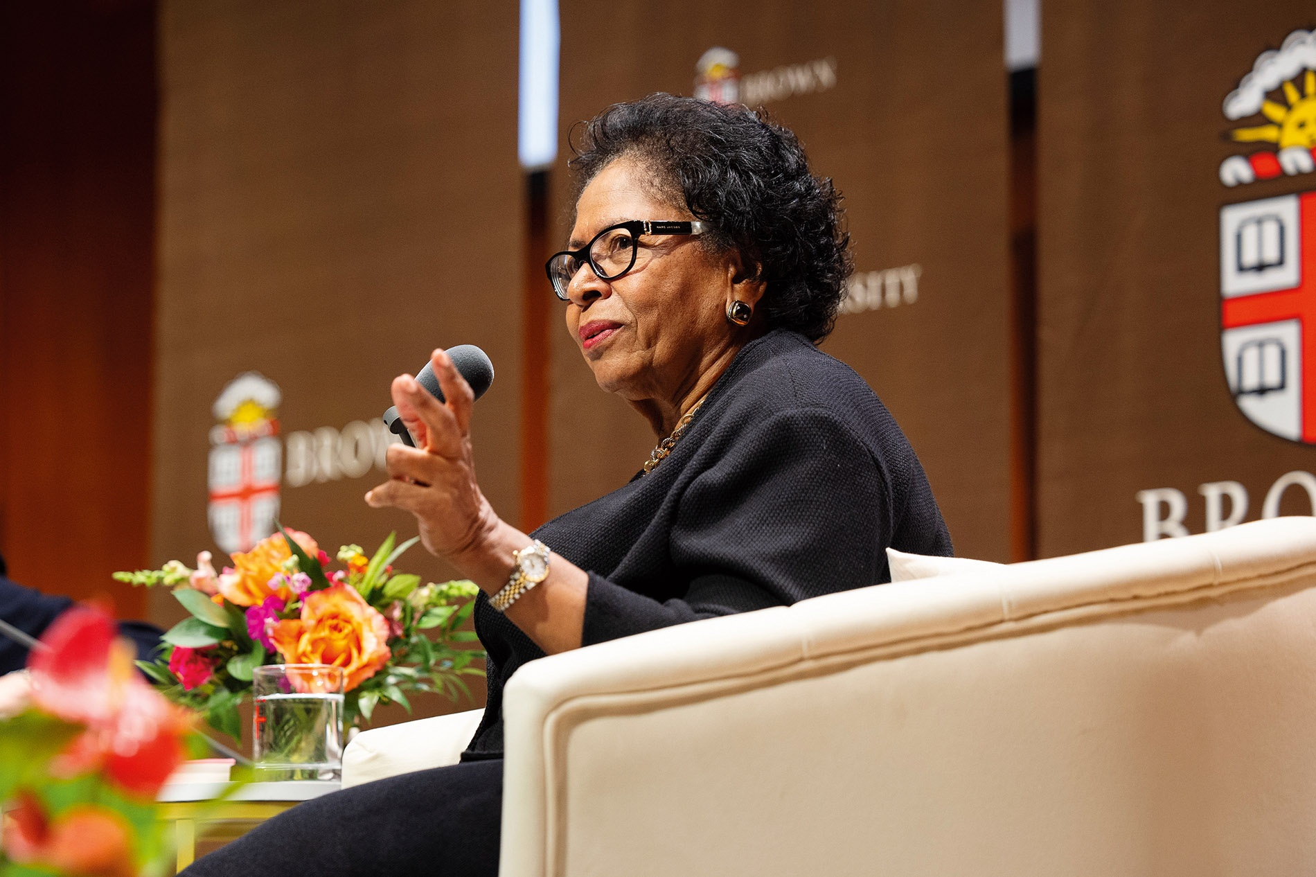 Image of Ruth Simmons speaking to a crowd at Brown University