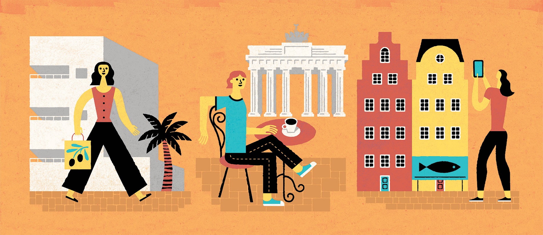 Illustration by Tim Cook of of Brown students in front of various structures overseas.