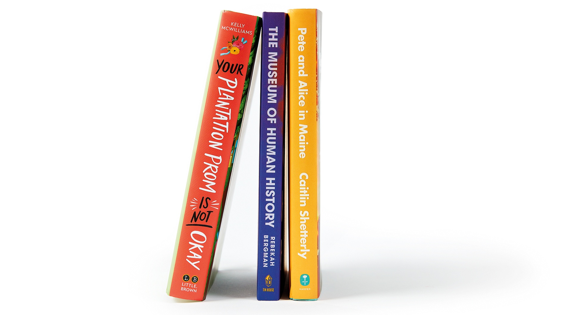 Book spines by Caitlin Shetterly, Rebekah Bergman, and Kelly McWilliams.
