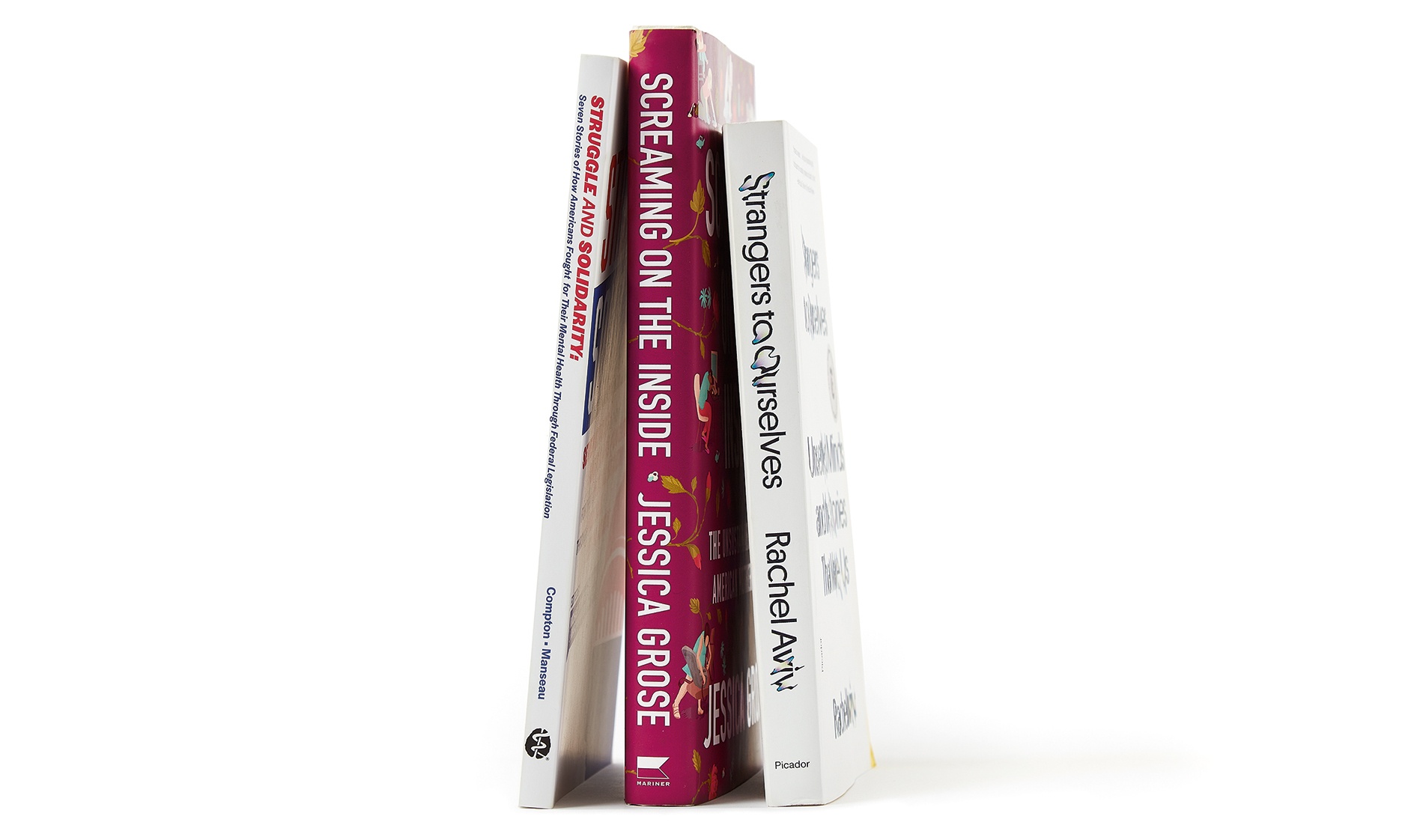 Image of book spines by Jessica Grose, Michael Compton and Marc Manseau, and Rachel Aviv