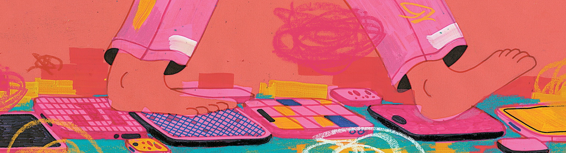 Illustration by Alex Eben Meyer of a food stepping on electronics.