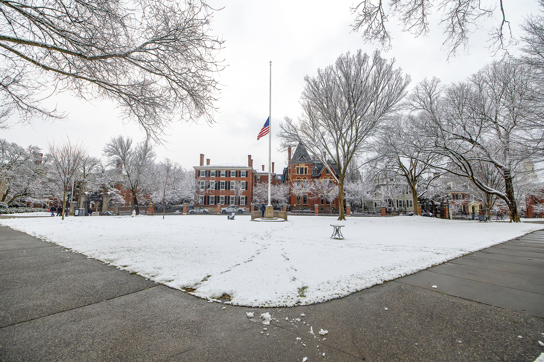 Flag being lowered to half nast on a snowy main green