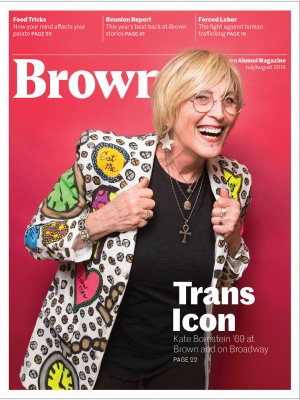 Image of the cover of the BAM's July/August 2018 issue, featuring a photo of Kate Bornstein ’69. The cover line "Trans Icon" is visible. 