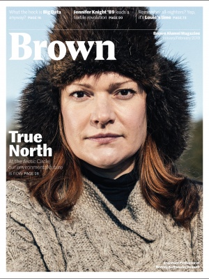 Cover of the Jan/Feb 2019 BAM, featuring professor Bathsheba Demuth in a big furry hat.