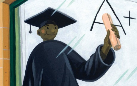 Illustration of a young man spraypainting an "A" on a wall, looking through a plate glass window at a seemingly identical young man in a cap and gown, holding up a diploma, with an "A+" seen on a whiteboard.