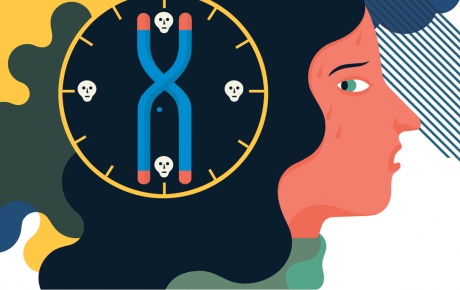 Illustration of a woman warily eyeing genetic symbols