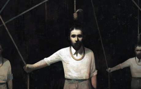 Illustration of a man in in the gallows, holding the rope that releases the noose around his neck