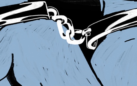 A detail from an illustration of hand-cuffed hands