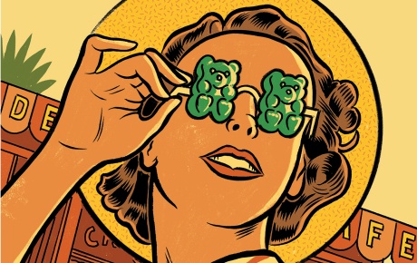 illustration of a woman wearing sunglasses with gummies for lenses