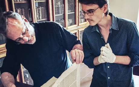 Brian C. Muraresku with priest at Chiesa e Convento di San Francesco