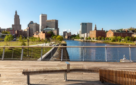 Image of Providence skyline from pedestrian bridge