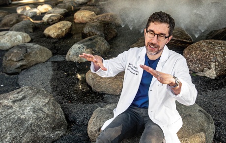 Image of Dr. Tyler Berzin at the Harvard Science Center fountain