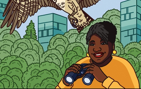 Illustration by Hayden Maynard of a woman holding binoculars in a city with a big hawk overhead.