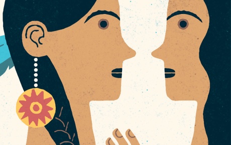 Illustration by Tim Cook of two Native American's looking at one another.