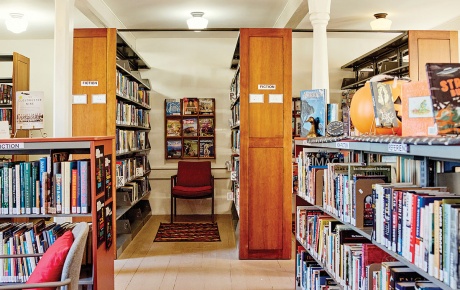 Image of the book shelves of the Whitefield Library in Whitefield, Me.