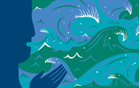 Illustration by Adam McCauley of a silhouette of a person on the left with their mouth open and hand moving as if speaking and rough ocean waves in the background.