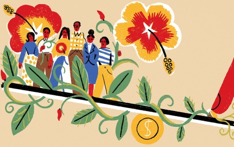 Illustration by Irene Rinaldi of a large hand pressing down a balance beam with a group of immigrants at the other end. 
