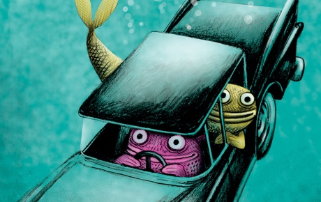 Illustration by Klaas Verplancke of two fish driving a sinking car underwater.