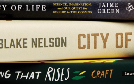 Image of book spines by Jaime Green ’04, Tim Blake Nelson ’86, and Brianna Craft ’13.