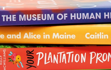 Book spines by Caitlin Shetterly, Rebekah Bergman, and Kelly McWilliams.