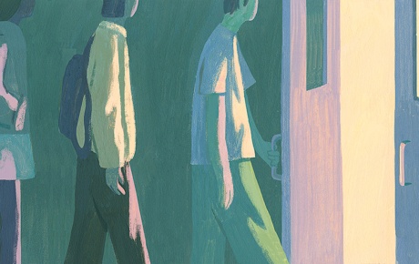 Illustration by Holly Stapleton of people lining up to walk out an open door.