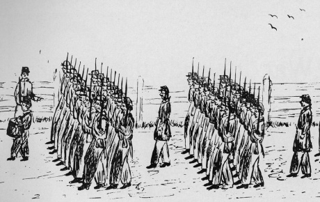 A drawing from 1864 of troops lined up in formation by John Tetlow.