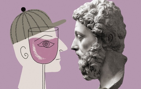 Illustration by Joana Grochocka of a man looking through a wine glass at a greek bust.