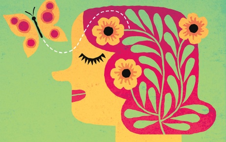 Illustration by Tim Cook of a person with flowers in her hair and a butterfly flying around her head.