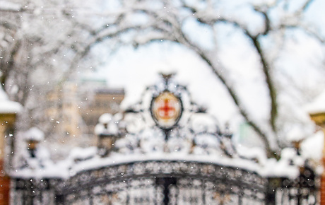 photo of the Van Wickle gates in light snow