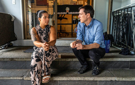 Nick Horton chats with Open Doors client Julissa Gomez.